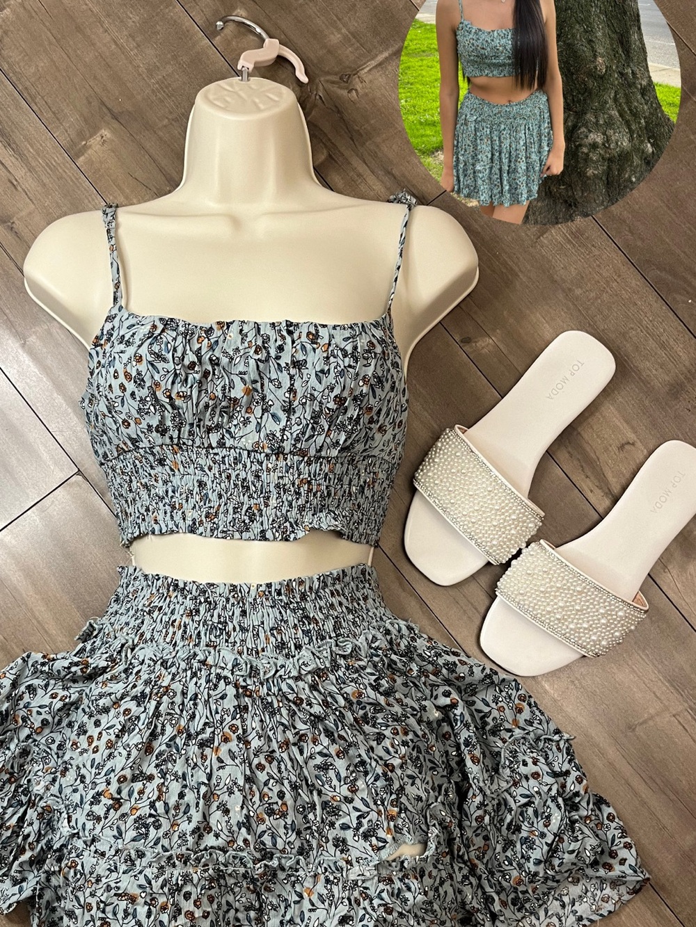 Floral Smocked Crop Top & Mini Skirt Set in Light Blue